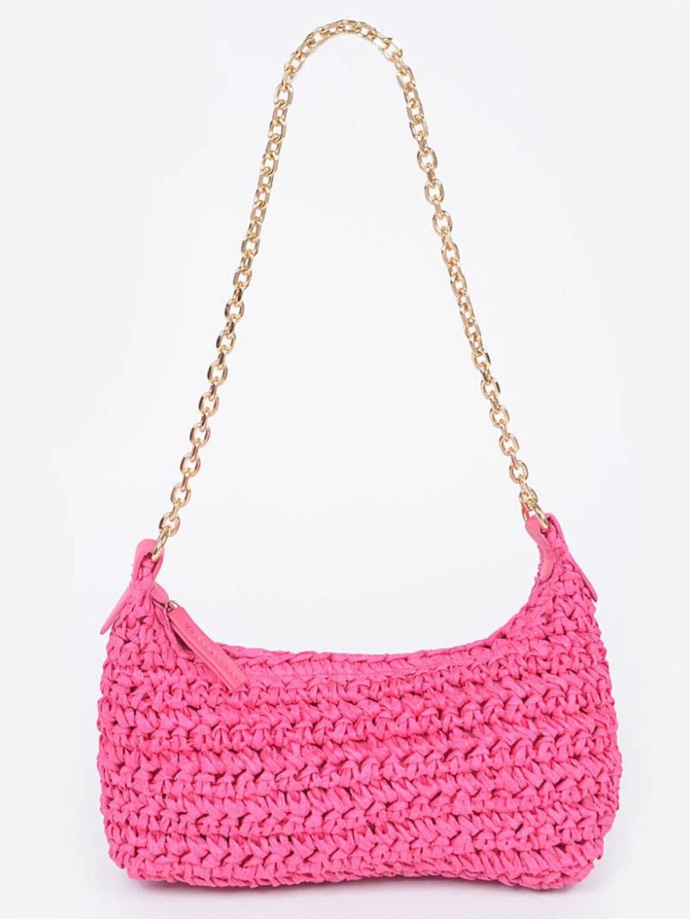 Straw Bag with Gold Chain Shoulder Strap, Fuchsia